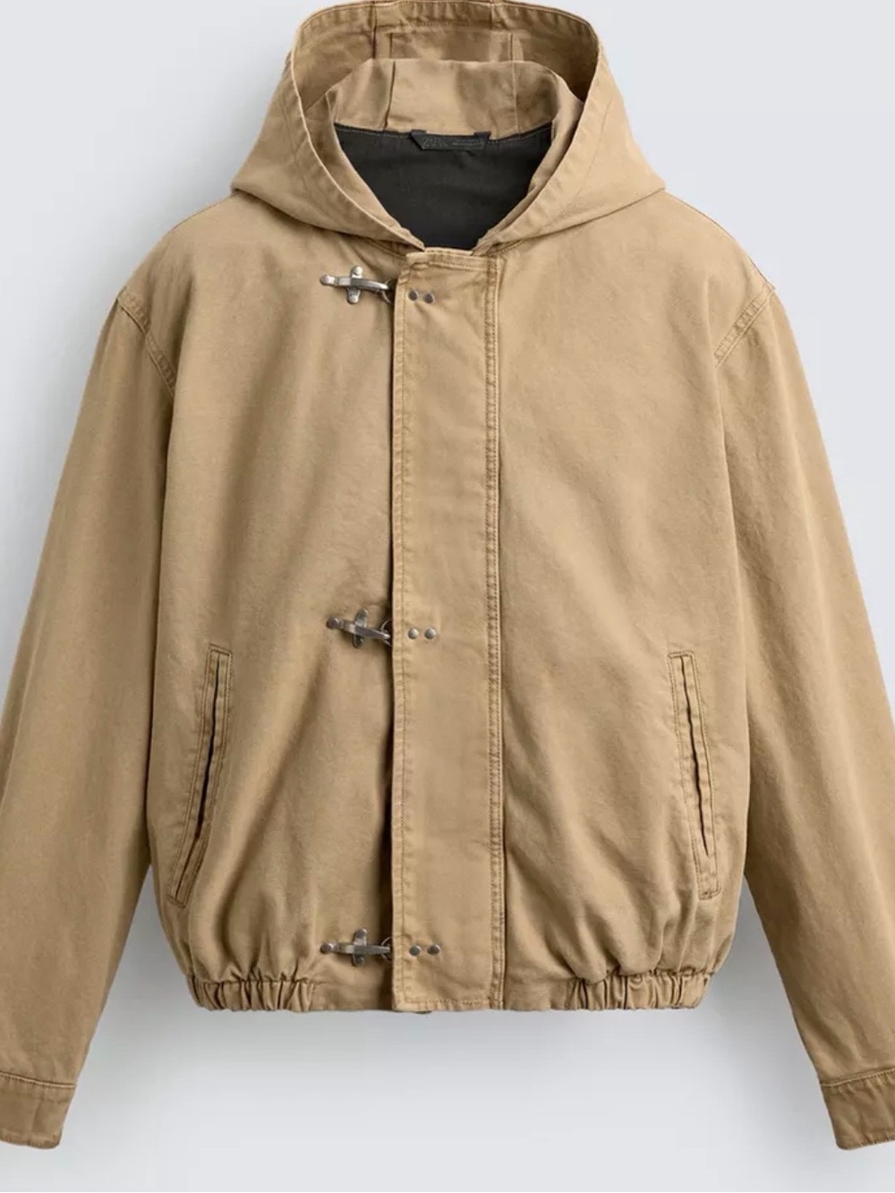 Zara Tan Military-Style Jacket with Hood and Fireman Closures